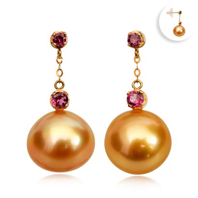 (PSL) Approx. 12.5 mm, Aurora Moon Rainbow, Rhodolite Dot Chain Dangle Pearl Stud Earrings