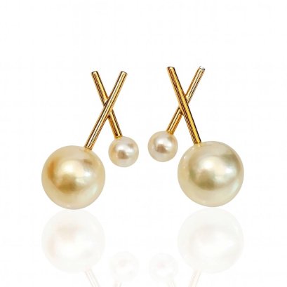 Approx. 4.0 mm and 8.0 mm, Cross Stick Two Pearl Stud Earrings