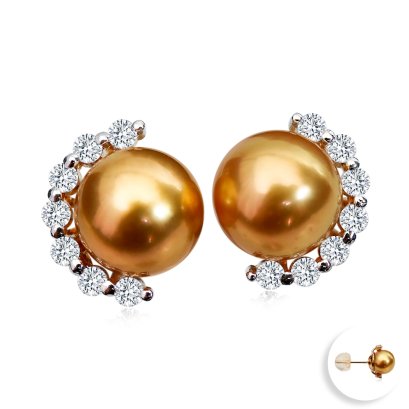 10.0 mm and 10.0 mm, Gold South Sea Pearl, Half Halo Diamond Pearl Stud Earrings
