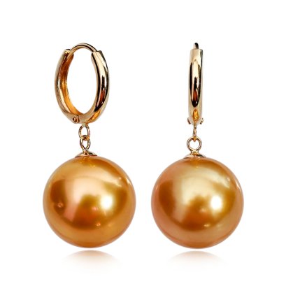12.0 mm - 12.1 mm, Gold South Sea Pearl, Hoop Dangle Pearl Earrings