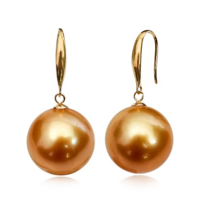 Approx. 12.9 mm, Gold South Sea Pearl, Fish Hooks Dangle Pearl Earrings