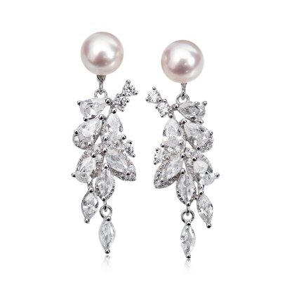 Approx. 6.5 - 7.0 mm, Akoya Pearl, Dangle CZ Leaves Pearl Stud Earrings