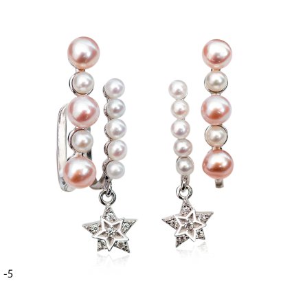 Approx. 2.0-4.0 mm, Freshwater Pearl, Two Stripes Pearl Row Dangle Star Stud Earrings