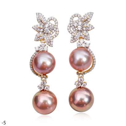 Approx. 10.0 - 11.0 and 11.0 - 12.0 mm, Edison Pearl, Botanic CZ Paved Dangle Double Pearl Stud Earrings