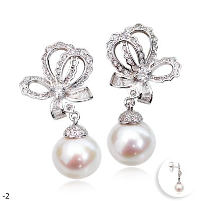 Approx. 10.6 mm, Edison Pearl, Bow CZ Paved Dangle Pearl Stud Earrings