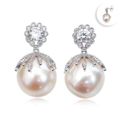 15.2 mm and 15.5 mm, Edison Pearl, Drop Icicle CZ Dangle Pearl Stud Earrings