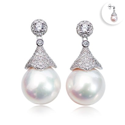 15.1 mm and 15.1 mm, Edison Pearl, CZ Dot Halo Giant Cap CZ Paved Dangle Pearl Stud Earrings