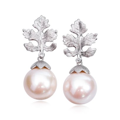 15.0 mm and 15.2 mm, Edison Pearl, Silver Leaf with Pearl Jacket Stud Earrings