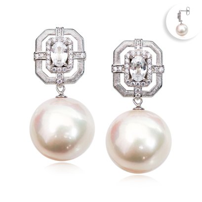 15.5 mm and 16.1 mm, Edison Pearl, Octagon CZ Dangle Pearl Stud Earrings