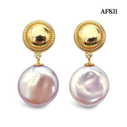 Approx. 12.0 mm, Coin Shaped, Freshwater Pearl, Button Dangle Pearl Stud Earrings