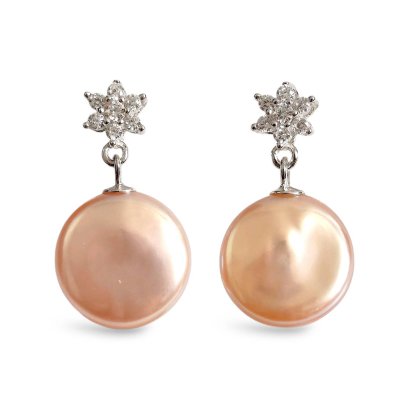 Approx. 11.5 - 12.0 mm, Coin Shaped, Freshwater Pearl, Star CZ Dangle Pearl Stud Earrings