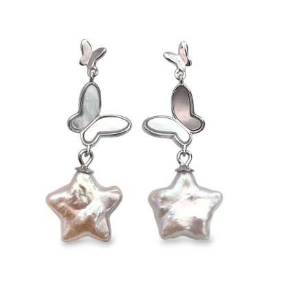Approx. 11.0 mm, Star Shaped, Freshwater Pearl, Butterfly Dangle Pearl Stud Earrings