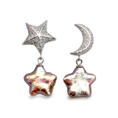 Approx. 11.0 - 12.0 mm, Star Shaped, Freshwater Pearl, Moon & Star Dangle Pearl Stud Earrings