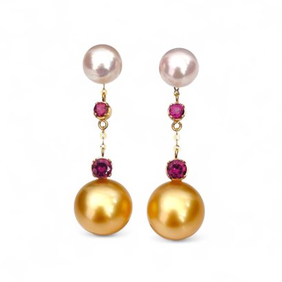 Approx. 8.0 mm and 12.0 mm, Akoya and Gold South Sea Pearl (Chogun Drop Lot), Pearl Earrings with Chain Rhodolite Dangle Pearl