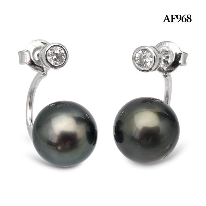 Approx. 9.0 - 10.0 mm, Tahitian Pearl, CZ Dot Stud Earrings with Arch Bridge Pearl Earring Backs