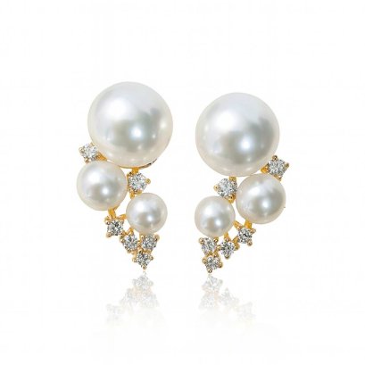 Approx. 3.0 - 6.0 mm, Akoya Pearl, Cluster Triple Pearl Diamond Stud Earrings
