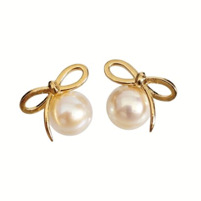Approx. 8.2 mm and 8.2 mm, Akoya Pearl, Bow Pearl Stud Earrings