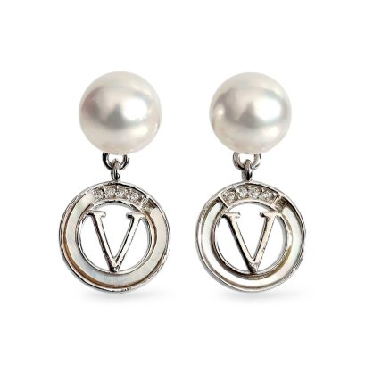 Approx. 6.5 - 6.8 mm, Akoya Pearl, Pearl Dot Dangle V Ring Stud Earrings
