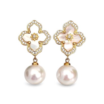 Approx. 11.0 mm, Edison Pearl, Flower Mother of Pearl Dangle Pearl Stud Earrings