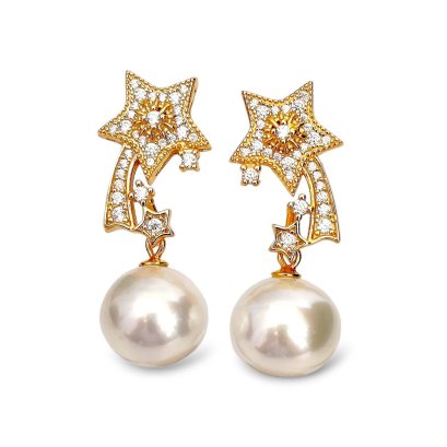 Approx. 10.5 - 11.0 mm, Edison Pearl, Twinkle Star Dangle Pearl Stud Earrings