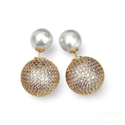 Approx. 8.0 - 8.5 mm, Akoya Pearl, Pearl Stud Earrings with Ball CZ Paved Earring Backs