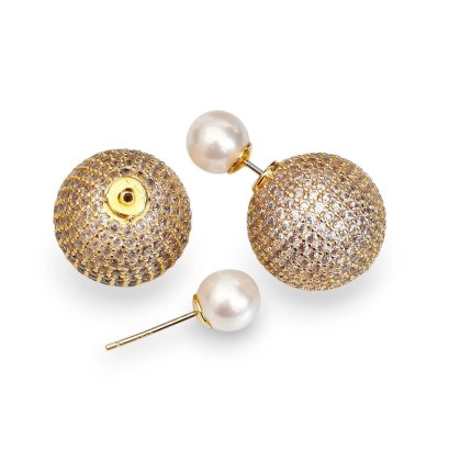 Approx. 6.5 mm, Akoya Pearl, Pearl Stud Earrings with Ball CZ Paved Earring Backs