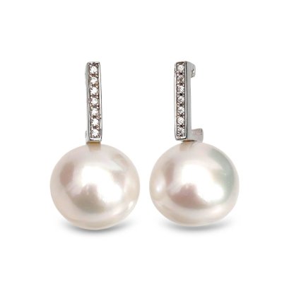 Approx. 11.0 mm, Edison Pearl, "L Shaped" CZ Paved Pearl Stud Earrings