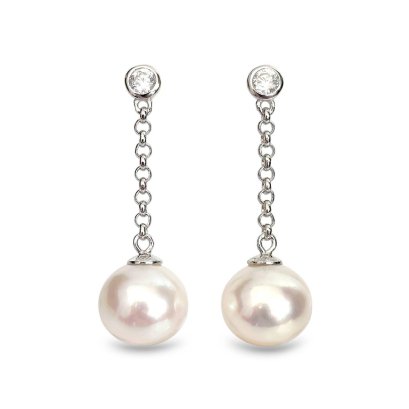 Approx. 10.0 mm, Edison Pearl, CZ Dot Chain Dangle Pearl Stud Earrings