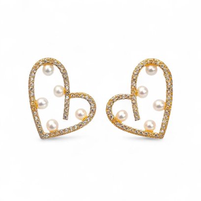 Approx. 2.5 mm, Freshwater Pearl, Heart CZ Paved Pearl Stud Earrings