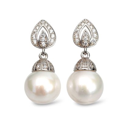 Approx. 10.5 mm, Edison Pearl, Flame CZ Dangle Pearl Stud Earrings