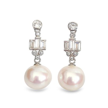 Approx. 10.5 mm, Edison Pearl, Mix Shape CZ Dangle Pearl Earrings