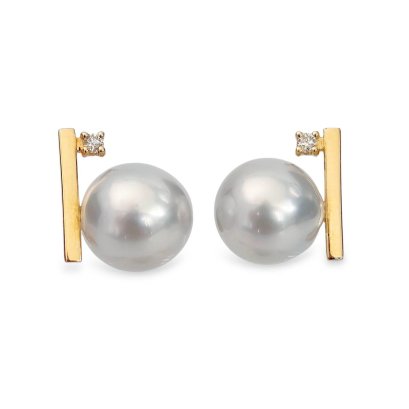 9.2 mm and 9.4 mm, White South Sea Pearl, Seesaw Diamond & Pearl Stud Earrings