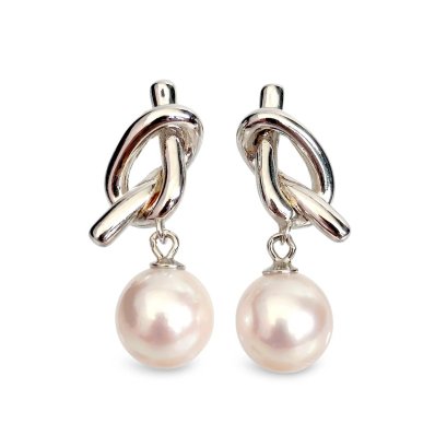 Approx. 8.0 mm, Akoya Pearl, "The Tied" Dangle Pearl Stud Earrings