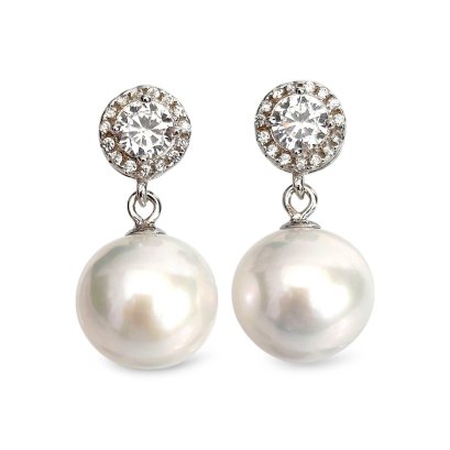 Approx. 10.0 mm, Edison Pearl, CZ Dot Halo Dangle Pearl Stud Earrings