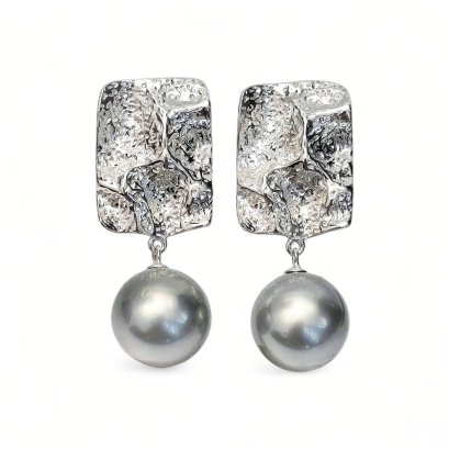 Approx. 11.5 mm, Tahitian Pearl, Freeform Sheet Dangle Pearl Stud Earrings
