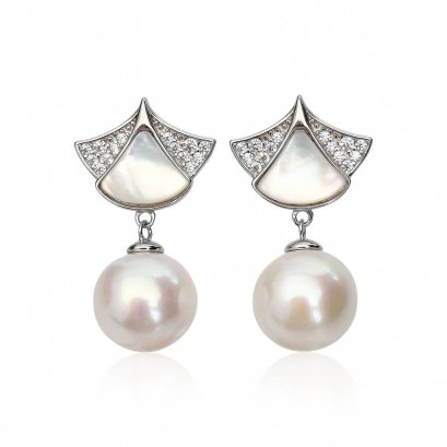 Approx. 11.0 mm, Edison Pearl, Kite Mother of Pearl (MOP)& CZ Paved Dangle Pearl Stud Earrings