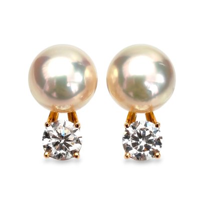 8.8 mm and 8.8 mm, Moonlight Lot, Akoya Pearl, Dot Diamond Below Pearl Stud Earring
