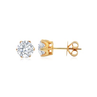 9K Gold, Laboratory Grown Diamond, Six Prongs Crown Solitaire Diamond Stud Earrings