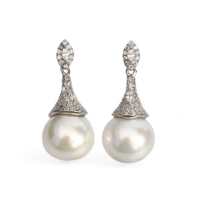 Approx. 10.5 mm, Edison Pearl, Cone CZ Paved Cap Pearl Stud Earrings
