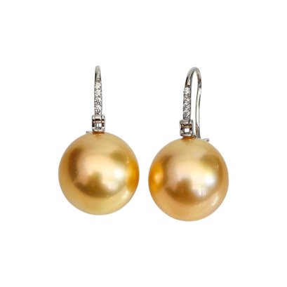 12.9 mm and 12.9 mm, Gold South Sea Pearl, Fish Hook Front CZ Paved Latch Back Pearl Earrings