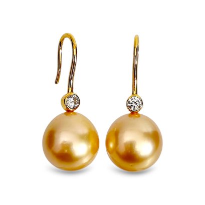 Approx. 12.0 mm, Gold South Sea Pearl, CZ Dot Fish Hooks Pearl Earrings