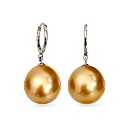 13.6 mm and 13.4 mm, Gold South Sea Pearl, Huggie Dangle Pearl Earrings