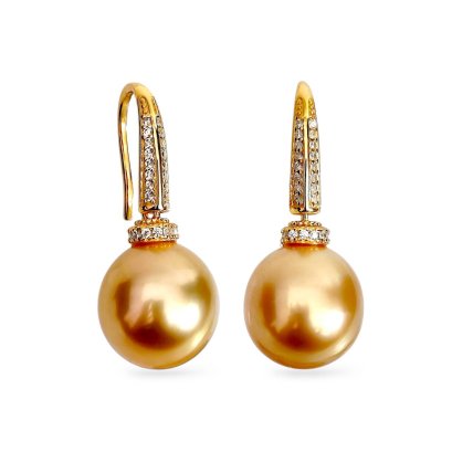 Approx. 11.0 - 11.5 mm, Gold South Sea Pearl, Fish Hooks CZ Paved Dangle Pearl Earrings