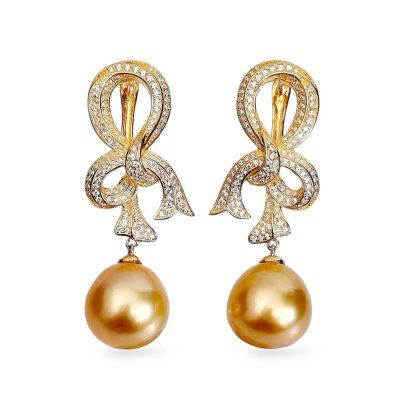 Approx. 12.7 mm, Gold South Sea Pearl, Giant Bow CZ Paved Dangle Pearl Latch Back Earrings