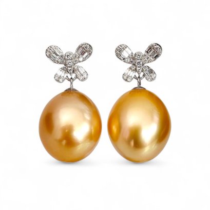 13.8 mm and 14.1 mm, Gold South Sea Pearl, Butterfly Lab Grown Diamond Dangle Pearl Stud Earrings