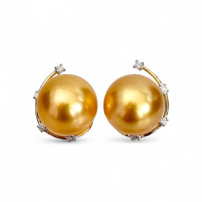 11.8 mm and 12.0 mm, Gold South Sea Pearl, Station Diamond Line Pearl Stud Earrings