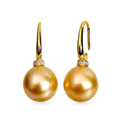 Approx. 11.0 - 11.5 mm, Gold South Sea Pearl, Long Tail Fish Hooks Pearl Earrings