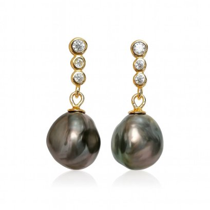 Approx. 8.5 - 8.8 mm, Keshi Tahitian Pearl, Three Stones Dangle Pearl Stud Earrings