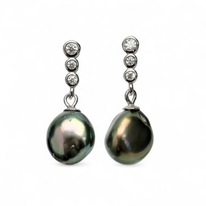 Approx. 8.0 - 8.5 mm, Keshi Tahitian Pearl, Three Stones Dangle Pearl Stud Earrings