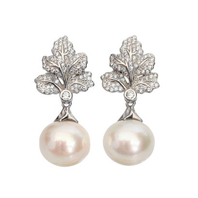Approx. 11.0 mm, Edison Pearl, Leaf CZ Paved Dangle Pearl Stud Earrings